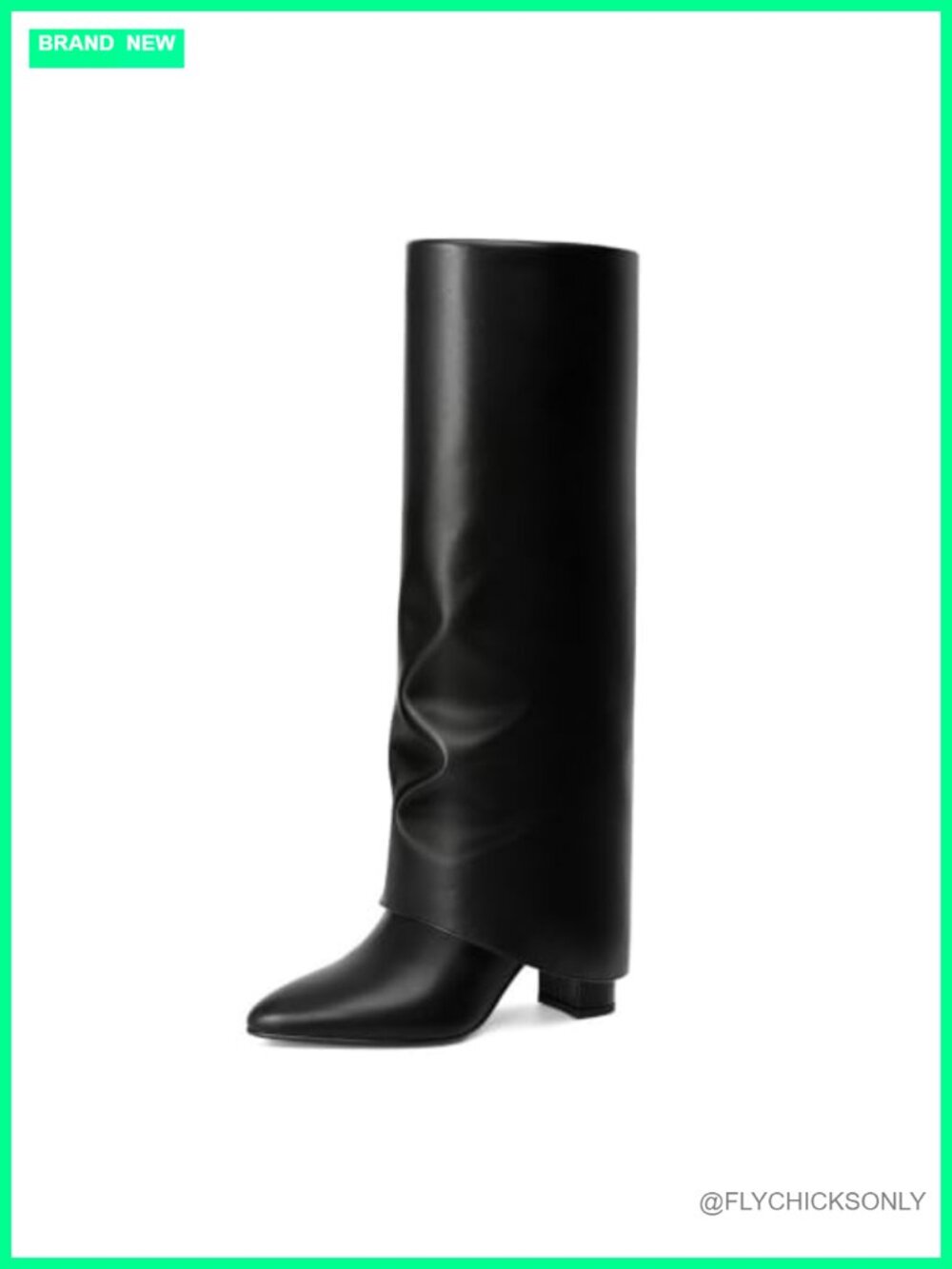 Knee High Boots Fold Over Chunky Pointed Toe Tall Boots
